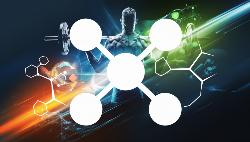 The image features a diverse group of fitness enthusiasts in a vibrant and energetic setting, engaging in various workouts with electric blue, vibrant green, and fiery red colors, abstract molecular patterns in the background, and elements symbolizing supplements, capturing the essence of focus, energy, and performance enhancement in alignment with Advanced Molecular Labs’ brand identity.